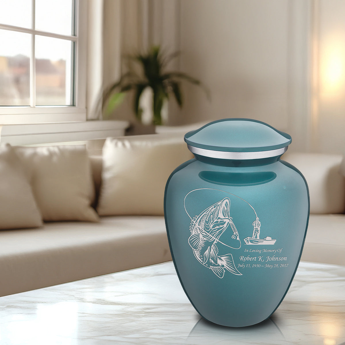 Adult Embrace Teal Fishing Cremation Urn