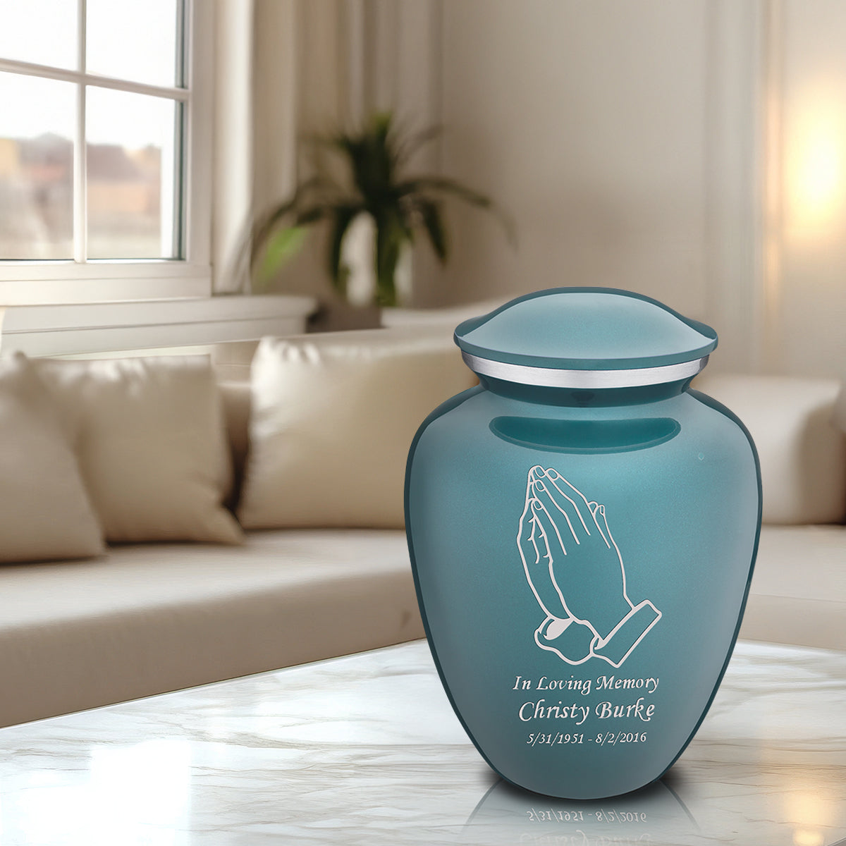 Adult Embrace Teal Praying Hands Cremation Urn