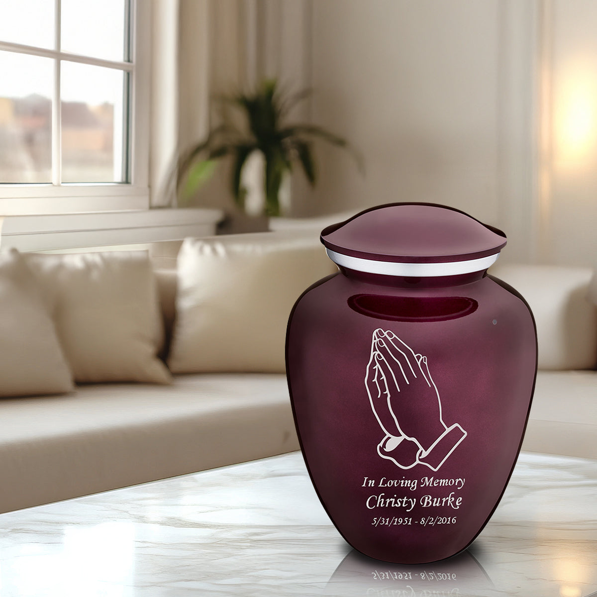 Adult Embrace Cherry Purple Praying Hands Cremation Urn
