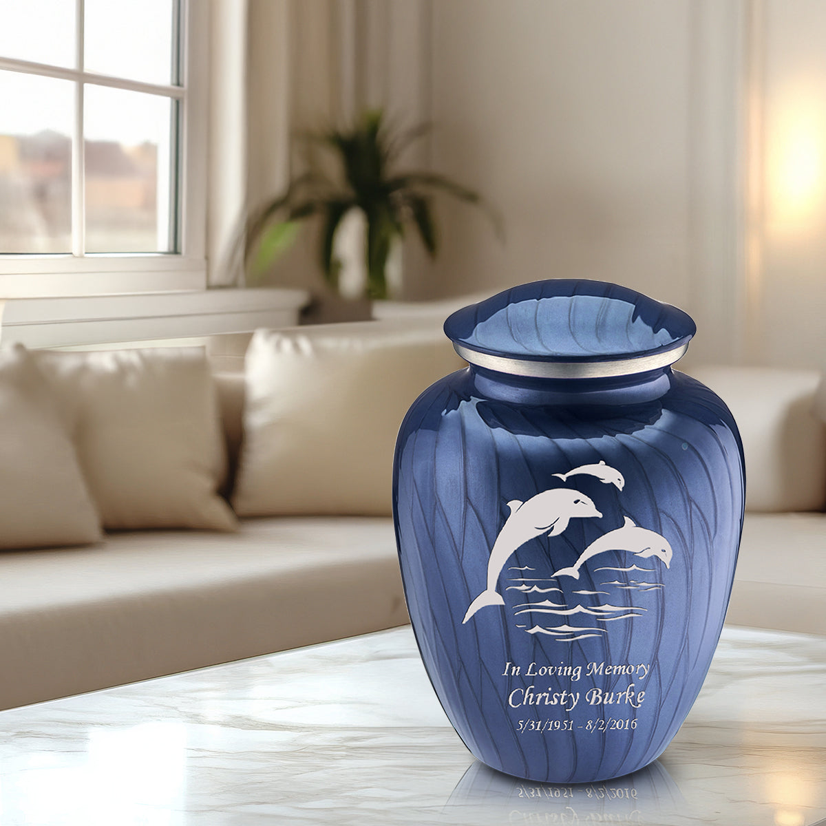 Adult Embrace Pearl Cobalt Blue Dolphin Cremation Urn