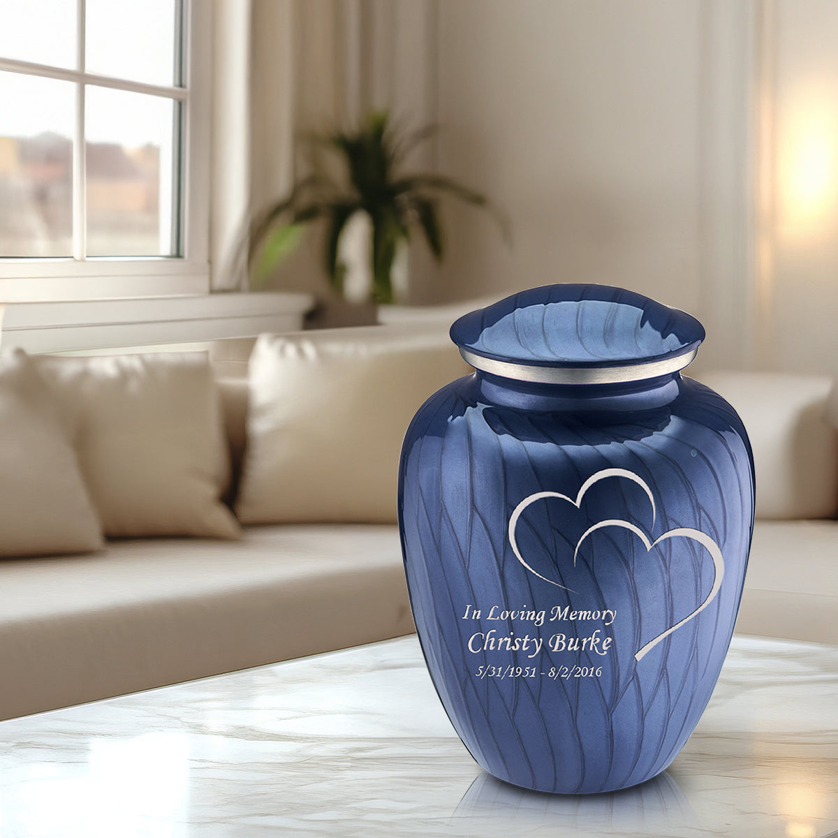 Adult Embrace Pearl Cobalt Blue Hearts Cremation Urn