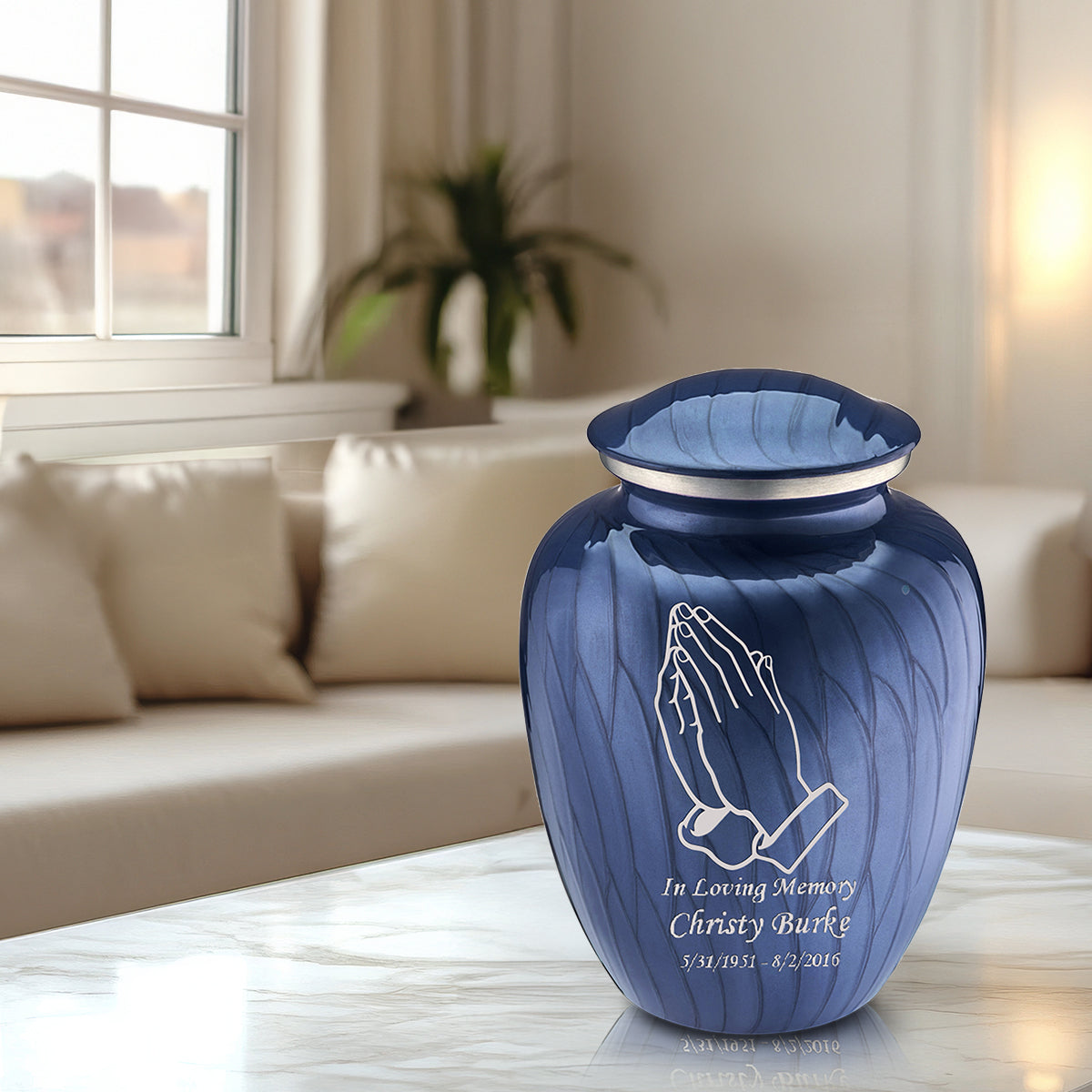 Adult Embrace Pearl Cobalt Blue Praying Hands Cremation Urn