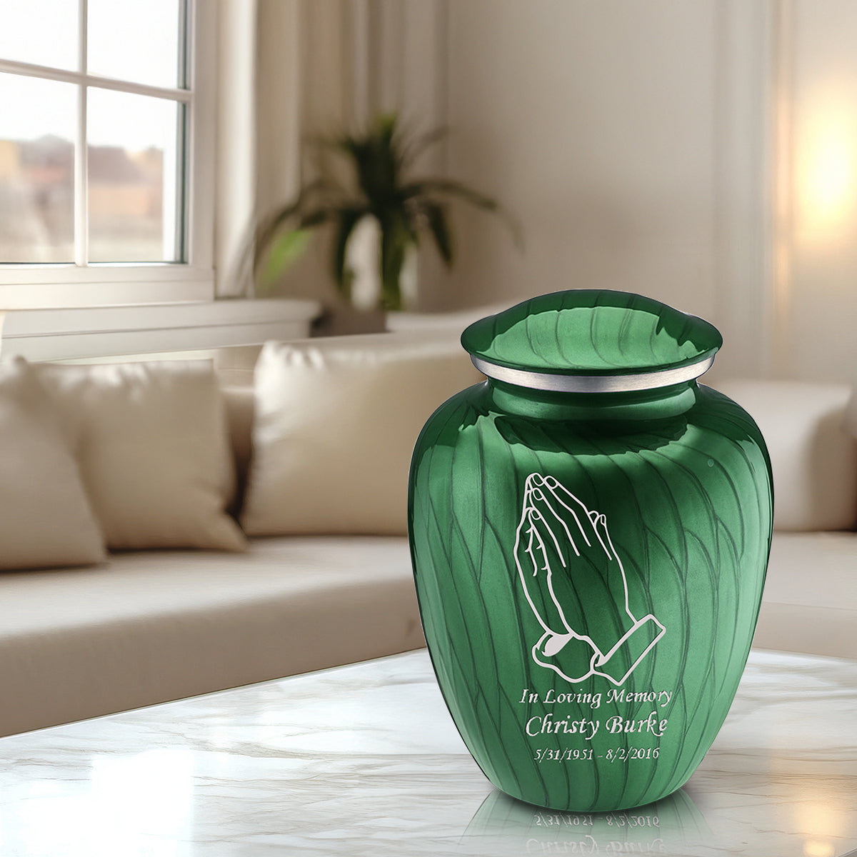 Adult Embrace Pearl Green Praying Hands Cremation Urn