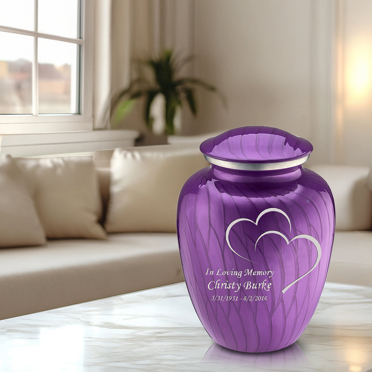 Adult Embrace Pearl Purple Hearts Cremation Urn