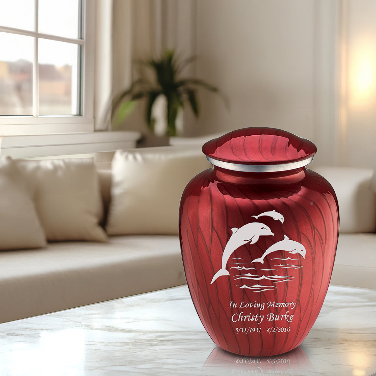 Adult Embrace Pearl Candy Red Dolphin Cremation Urn