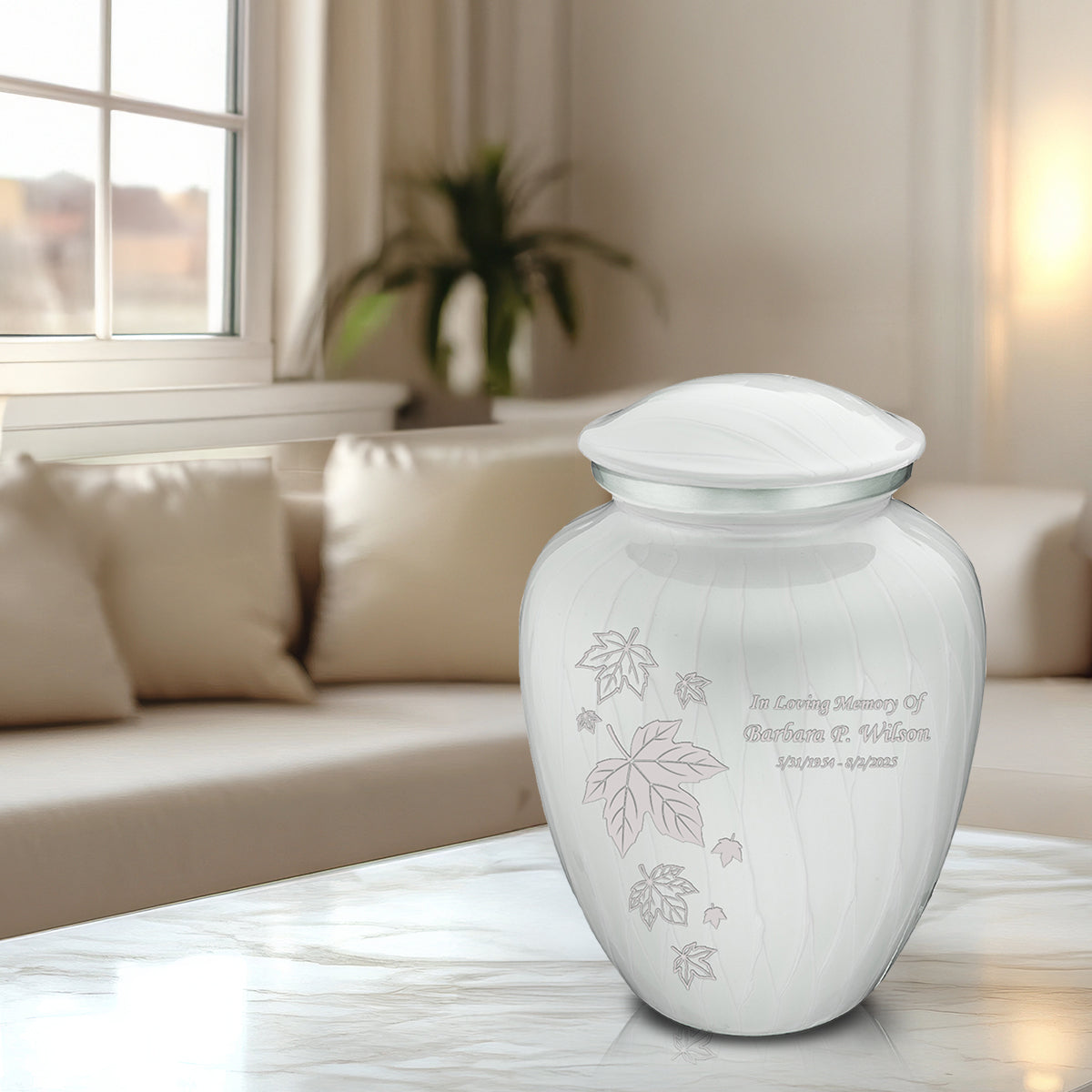 Adult Embrace Pearl White Falling Leaves Cremation Urn