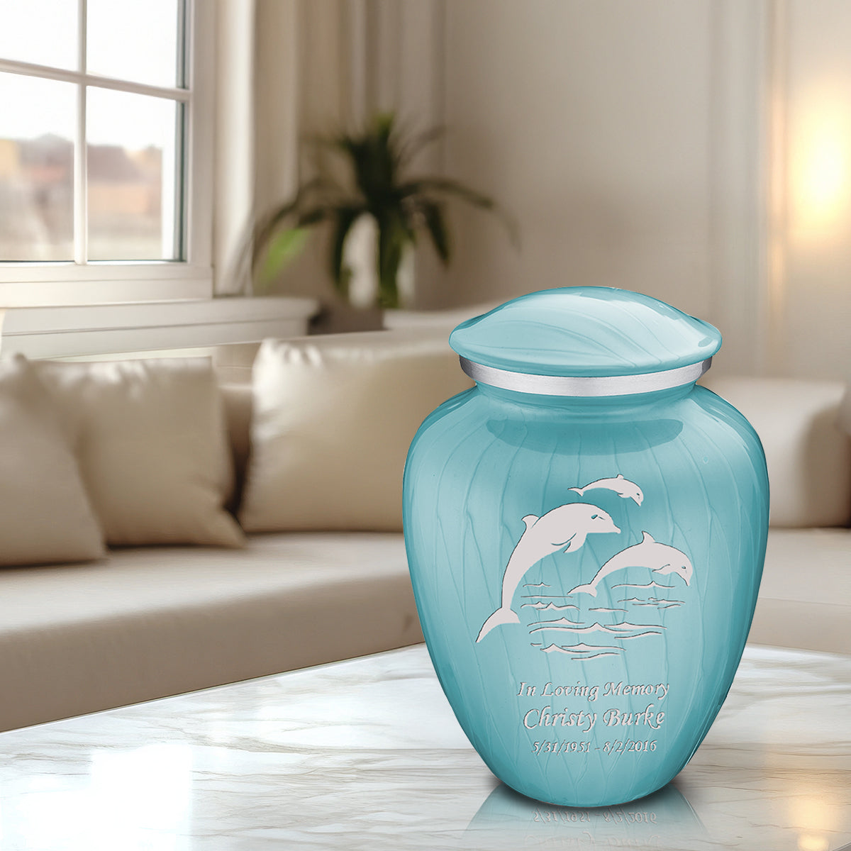 Adult Embrace Pearl Light Blue Dolphin Cremation Urn