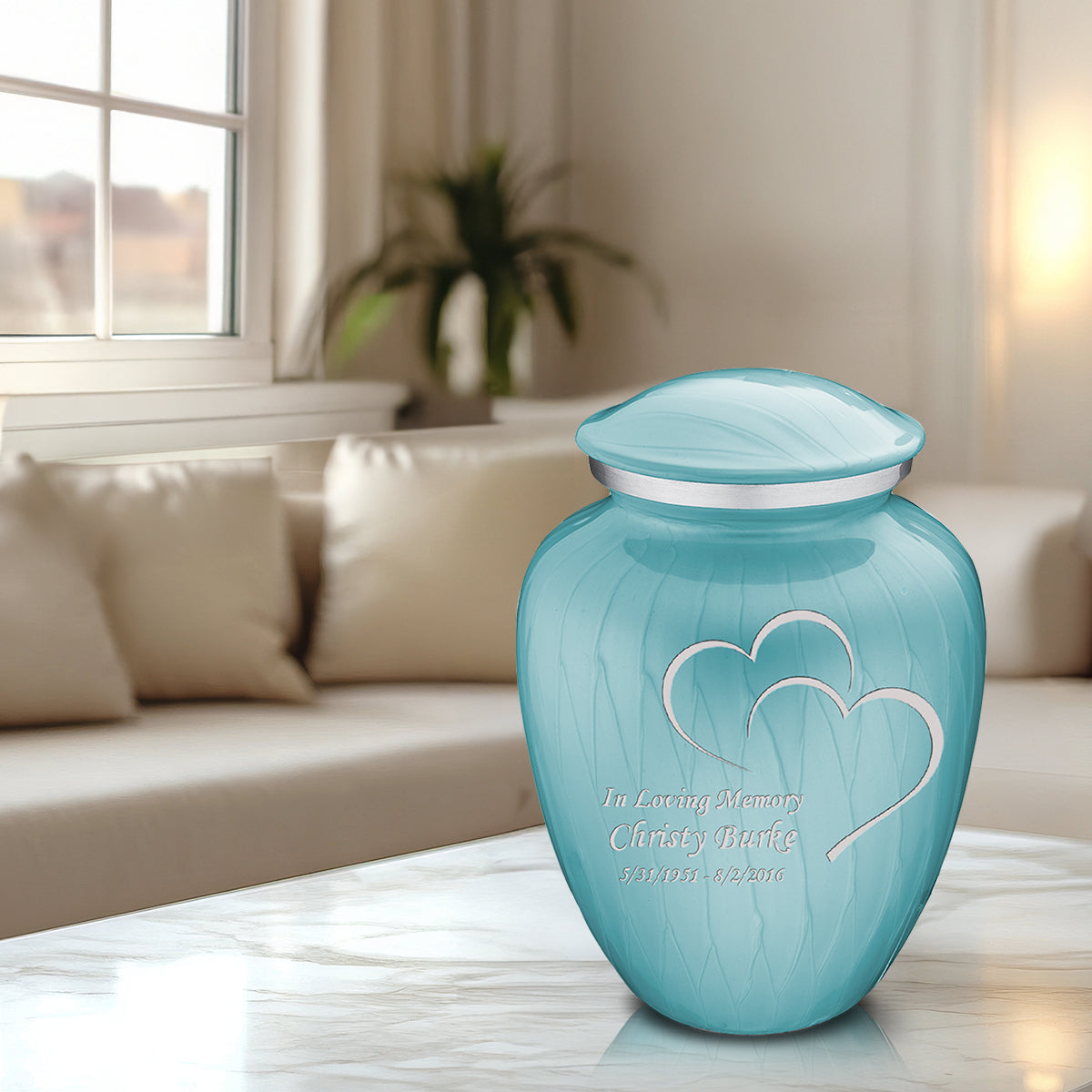 Adult Embrace Pearl Light Blue Hearts Cremation Urn