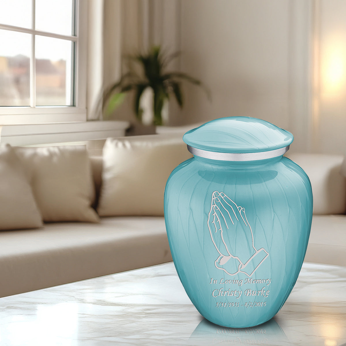 Adult Embrace Pearl Light Blue Praying Hands Cremation Urn