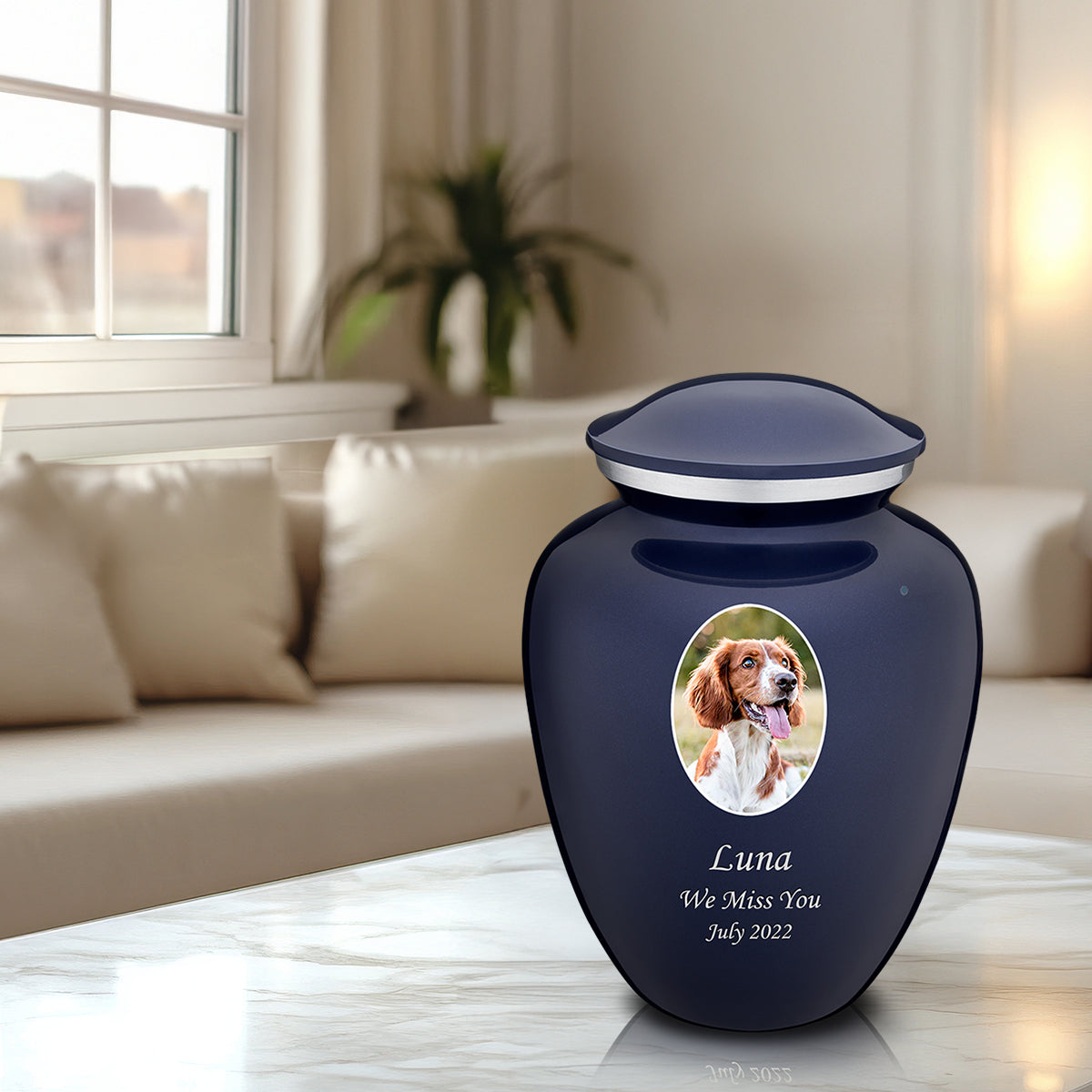 Adult Pet Embrace Cobalt Blue Portrait Cremation Urn