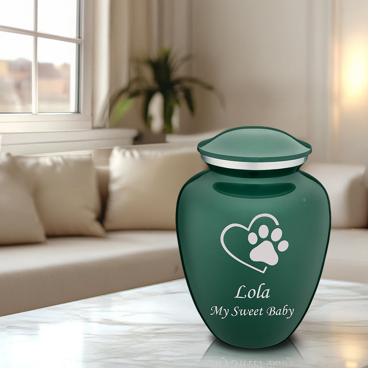 Large Embrace Green Single Paw Heart Pet Cremation Urn