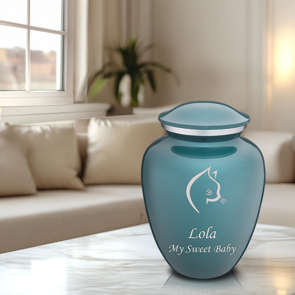Large Embrace Teal Cat Pet Cremation Urn