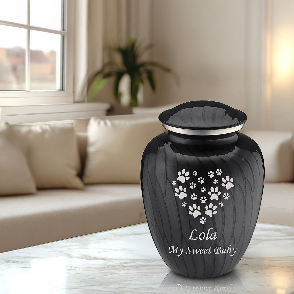 Large Embrace Pearl Black Heart Paws Pet Cremation Urn