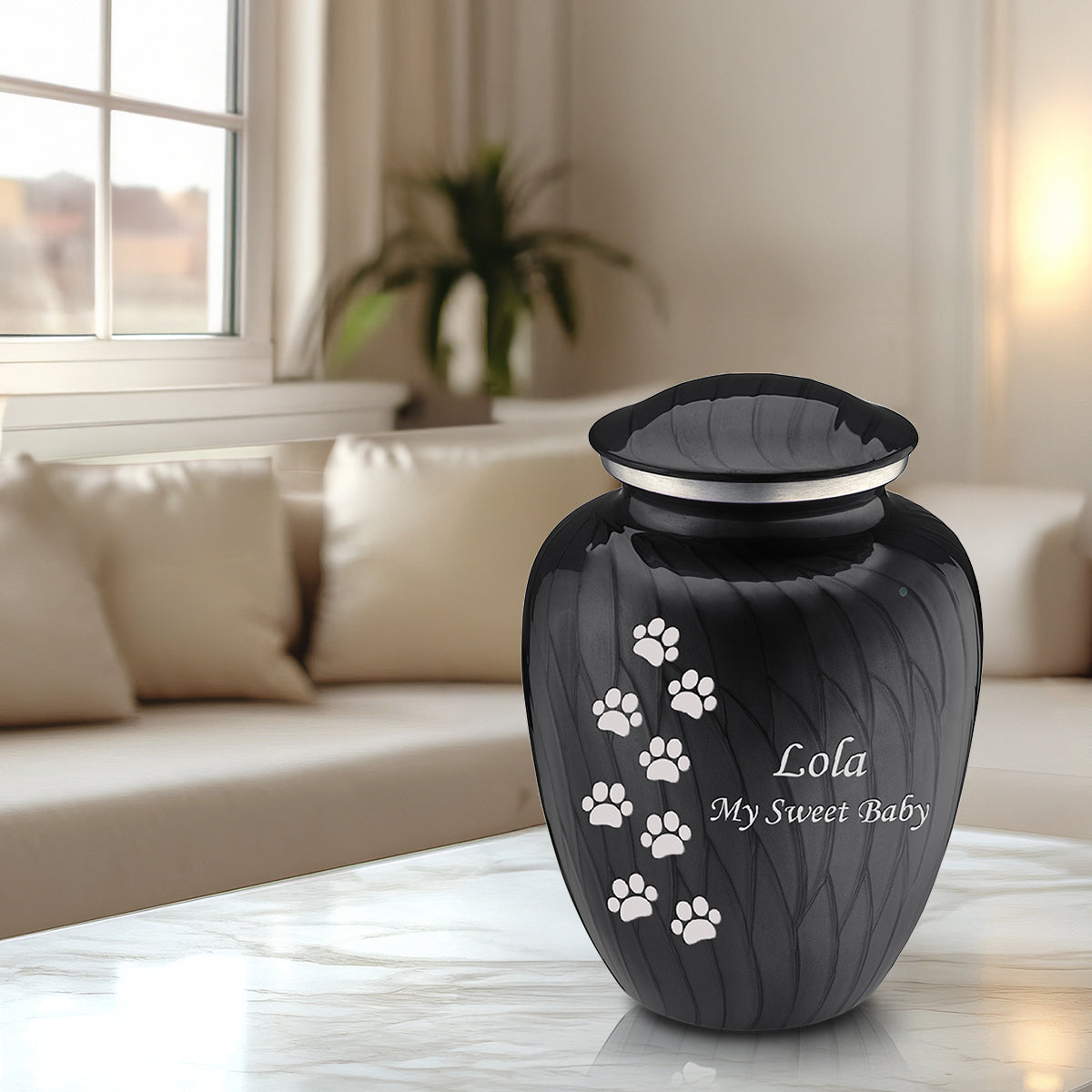 Large Embrace Pearl Black Walking Paws Pet Cremation Urn