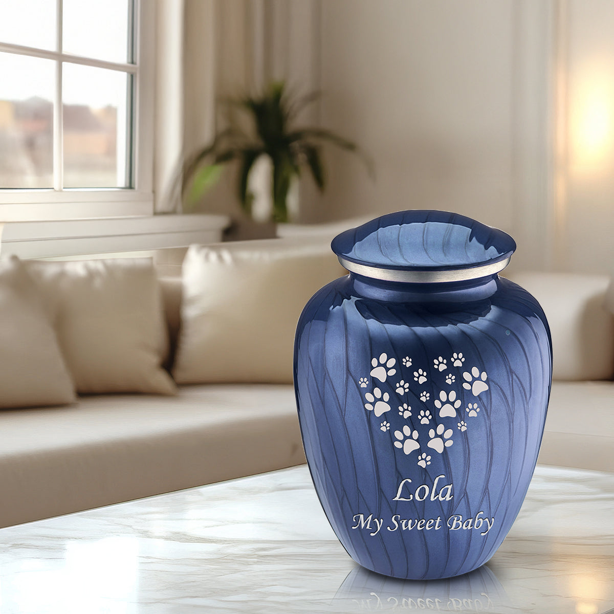 Large Embrace Pearl Cobalt Blue Heart Paws Pet Cremation Urn