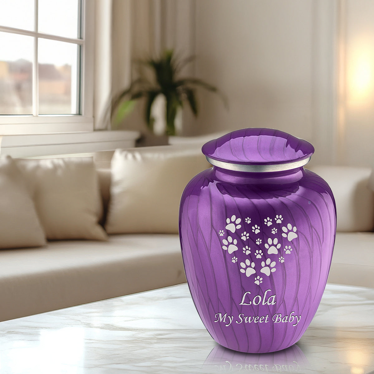 Large Embrace Pearl Purple Heart Paws Pet Cremation Urn