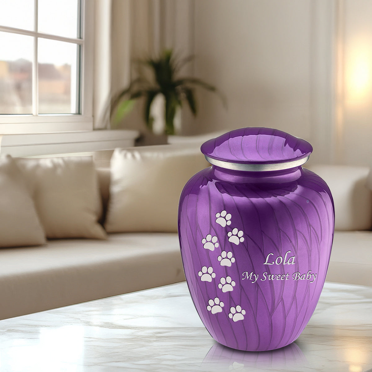 Large Embrace Pearl Purple Walking Paws Pet Cremation Urn