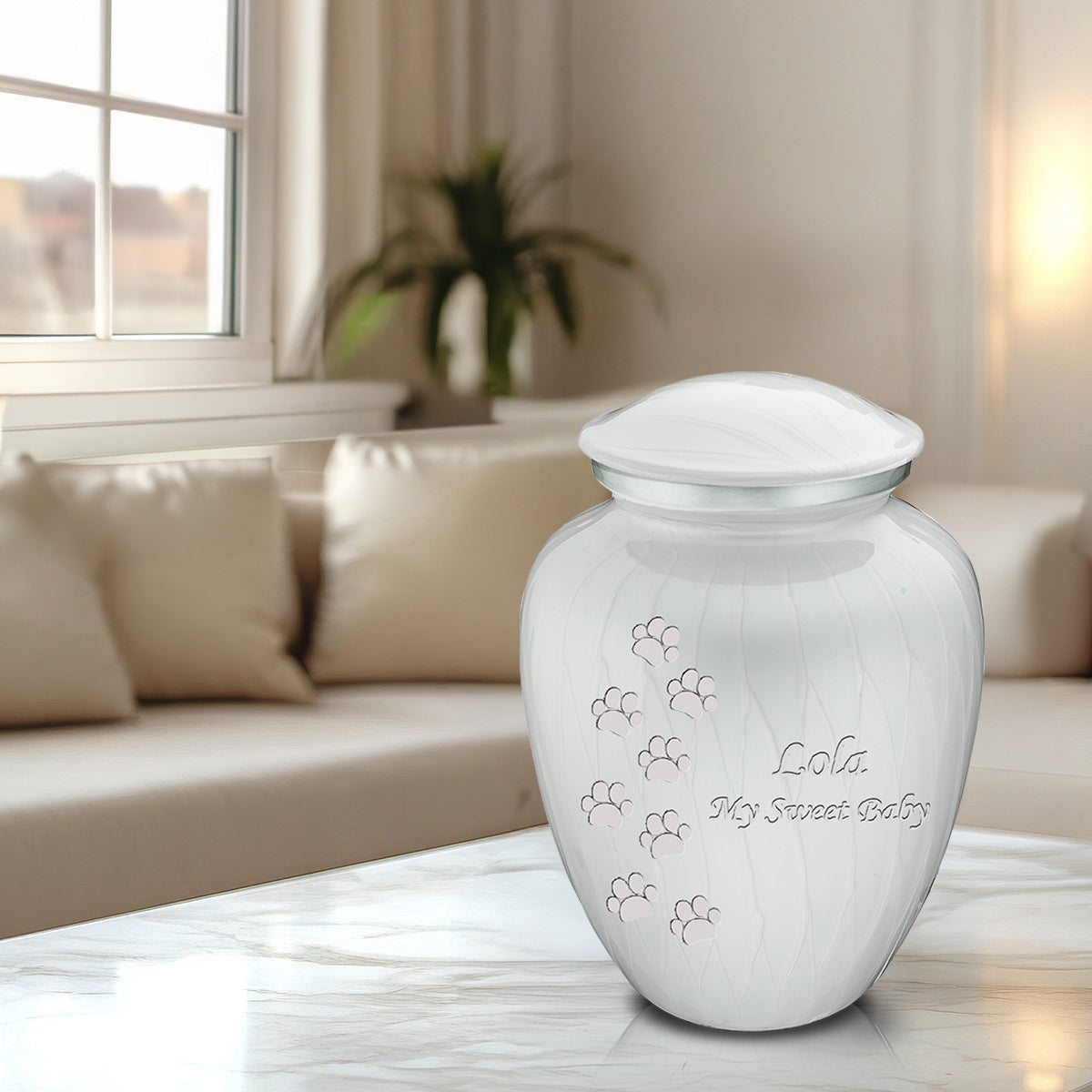 Large Embrace Pearl White Walking Paws Pet Cremation Urn