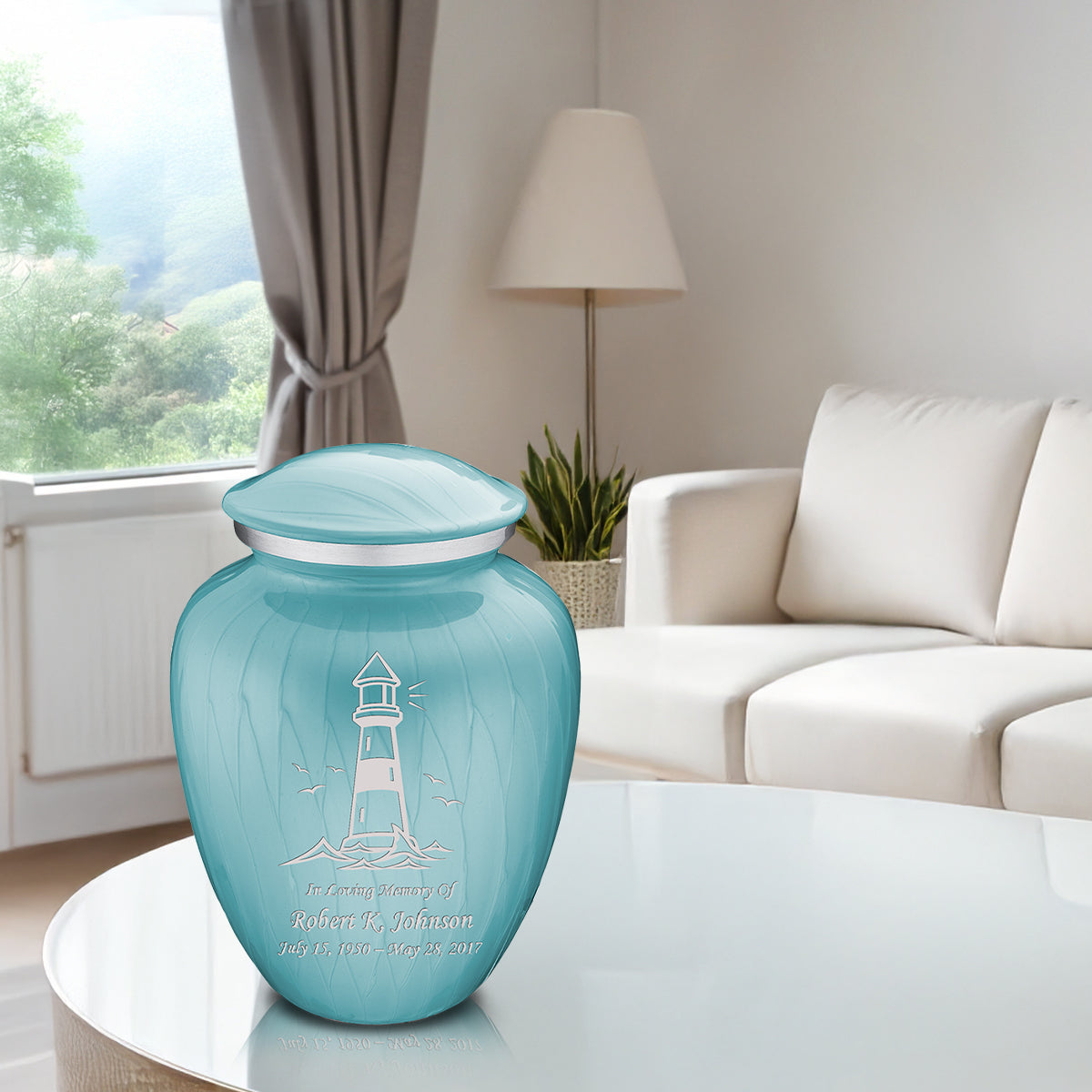 Adult Embrace Pearl Light Blue Lighthouse Cremation Urn