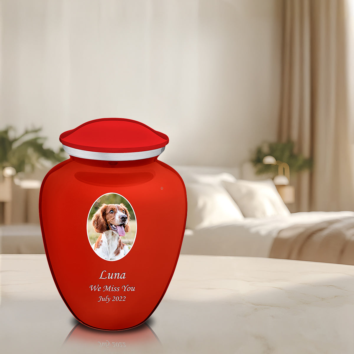 Adult Pet Embrace Bright Red Portrait Cremation Urn