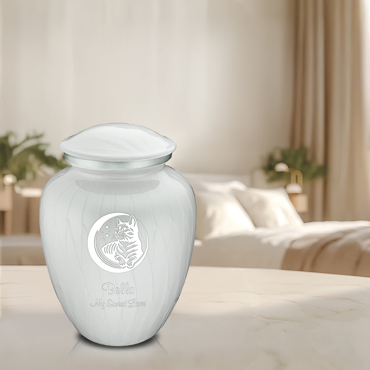 Large Embrace Pearl White  Pet Cute Cat Cremation Urn