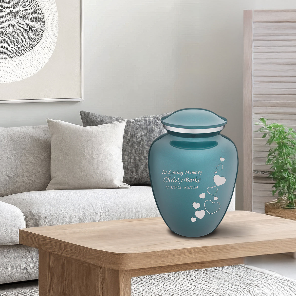 Adult Embrace Teal Floating Heart Cremation Urn