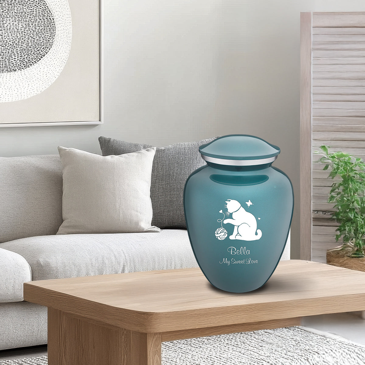 Large Embrace Teal Pet Fun Cat Cremation Urn