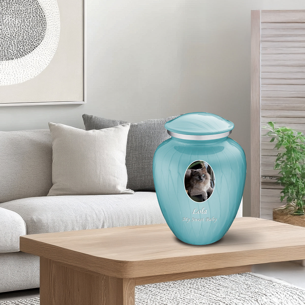 Medium Pet Embrace Pearl Light Blue Portrait Cremation Urn