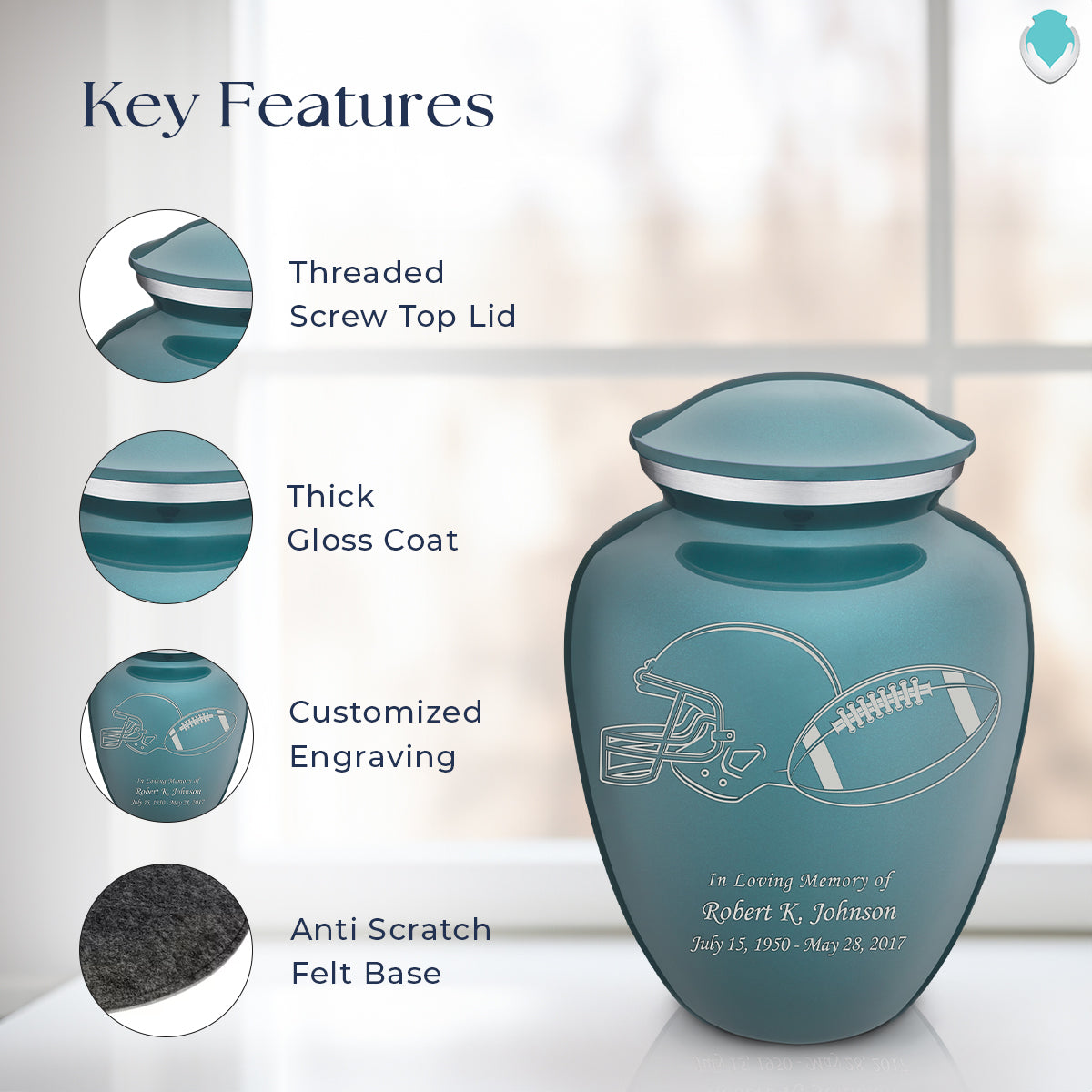 Adult Embrace Teal Football Cremation Urn