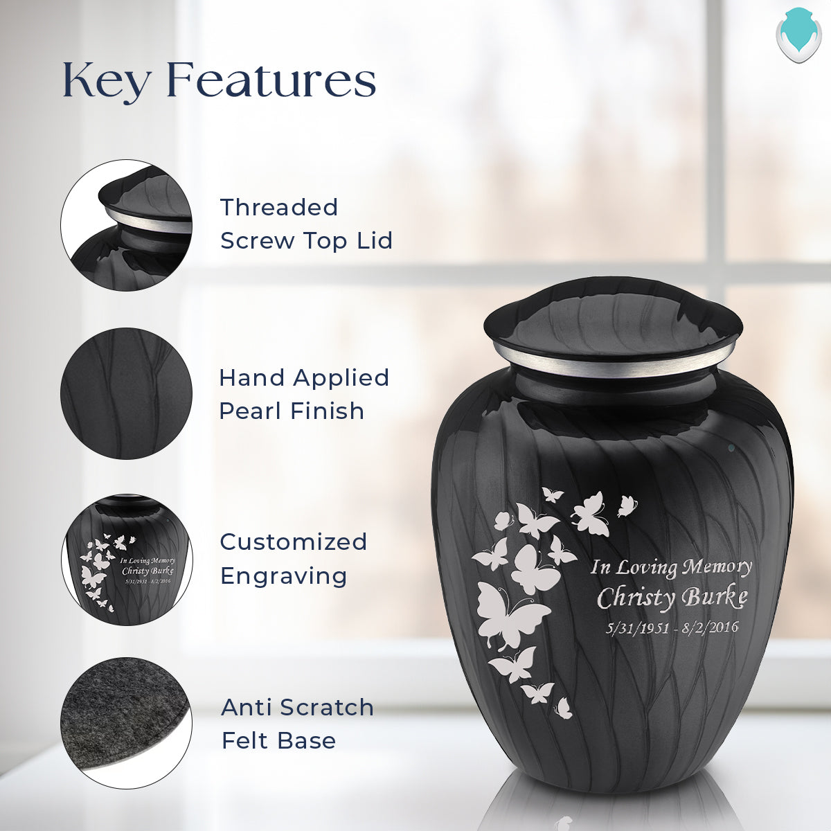 Adult Embrace Pearl Black Butterfly Cremation Urn