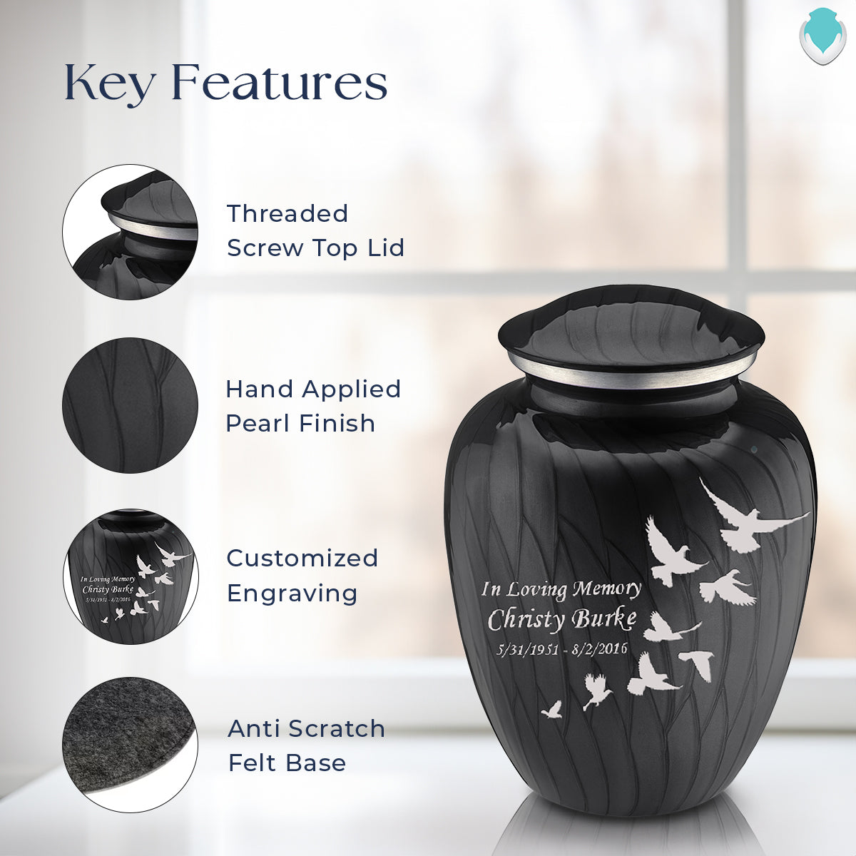 Adult Embrace Pearl Black Doves Cremation Urn