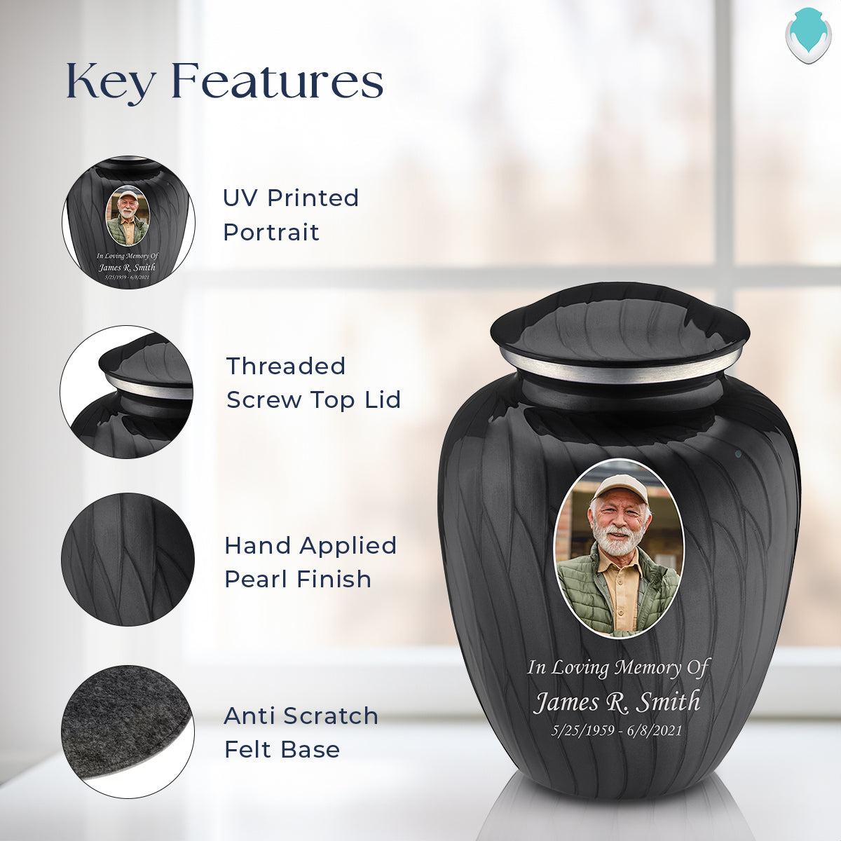 Adult Embrace Pearl Black Portrait Cremation Urn