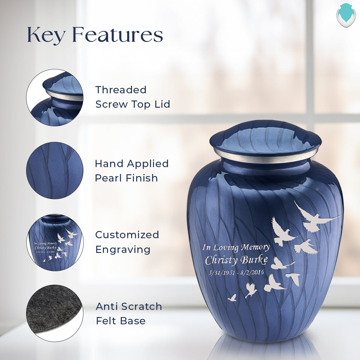 Adult Embrace Pearl Cobalt Blue Doves Cremation Urn