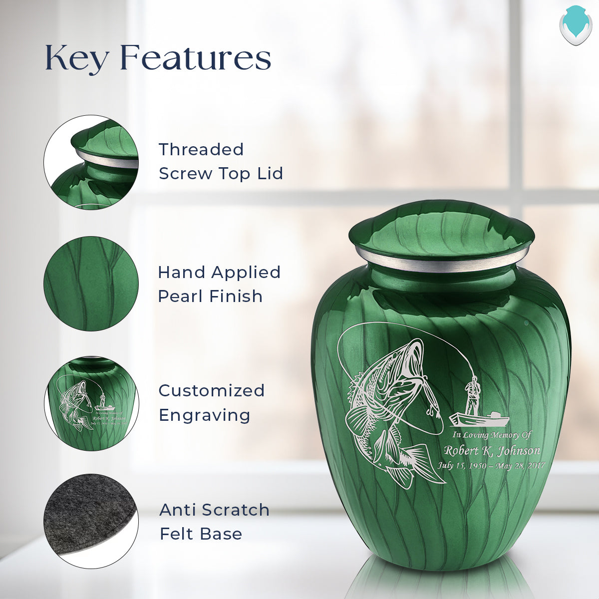 Adult Embrace Pearl Green Fishing Cremation Urn
