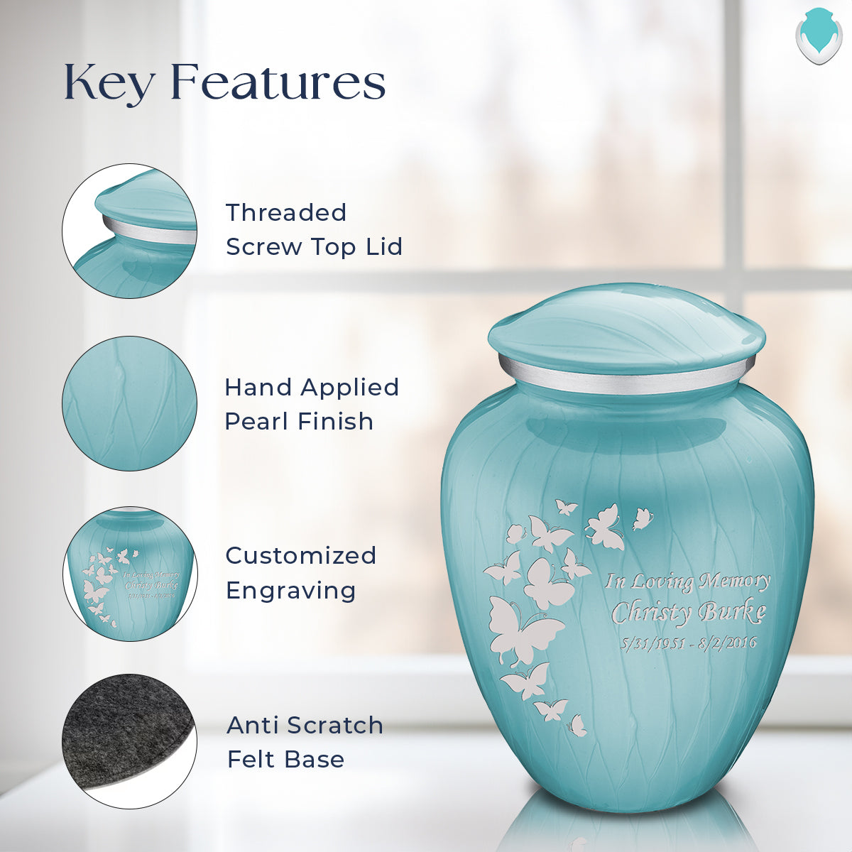 Adult Embrace Pearl Light Blue Butterfly Cremation Urn