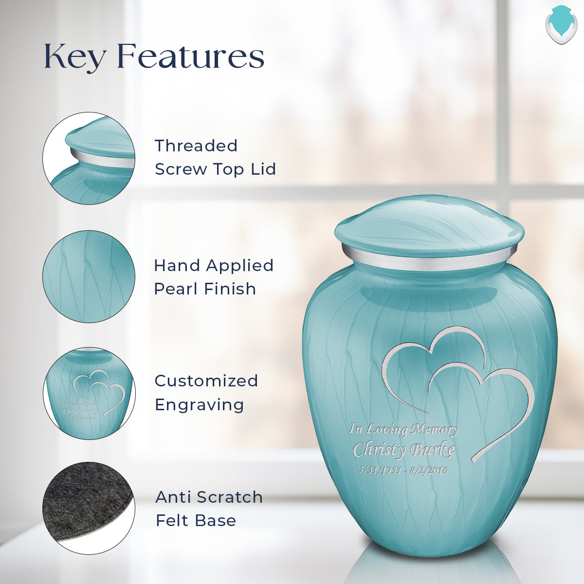 Adult Embrace Pearl Light Blue Hearts Cremation Urn