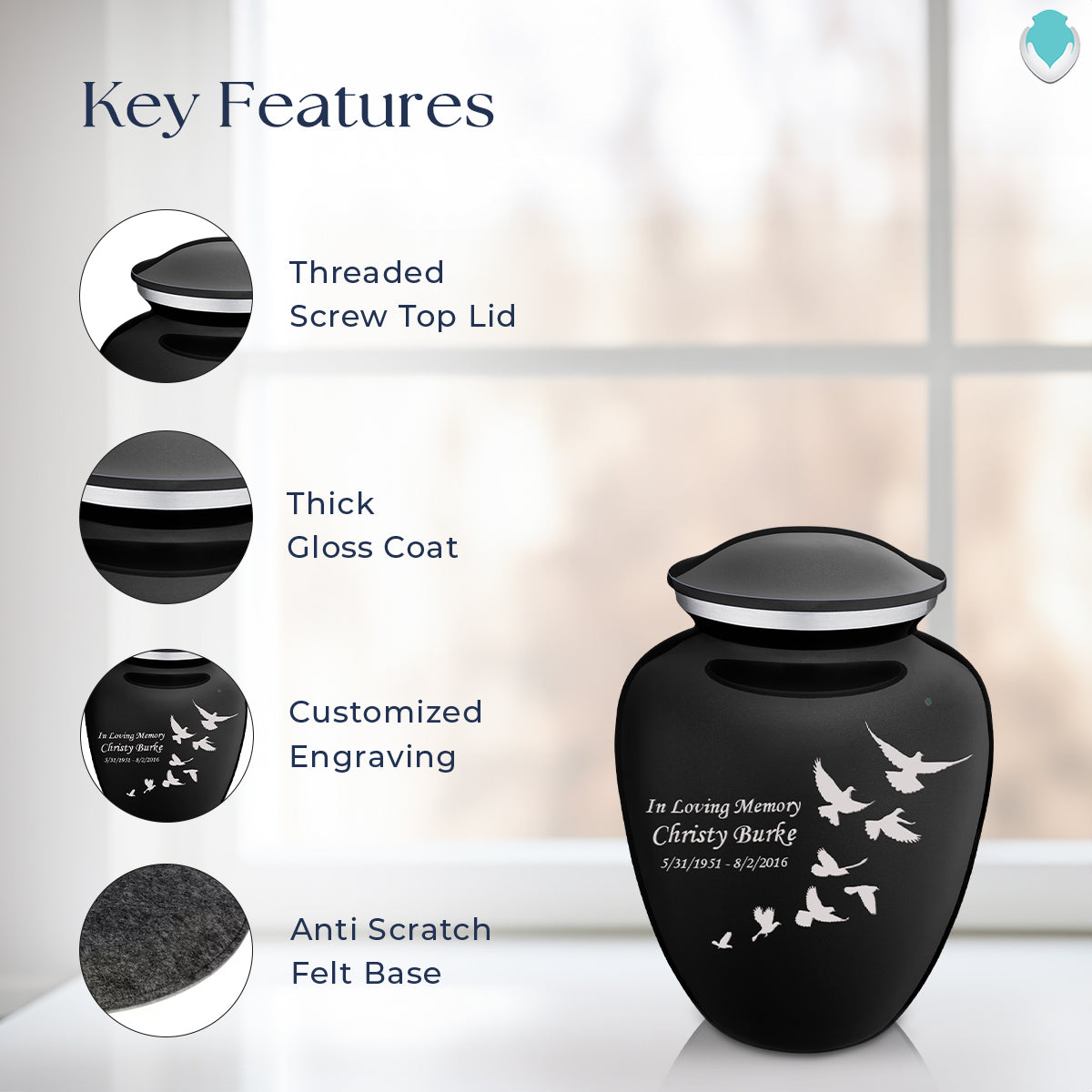 Medium Embrace Black Doves Cremation Urn