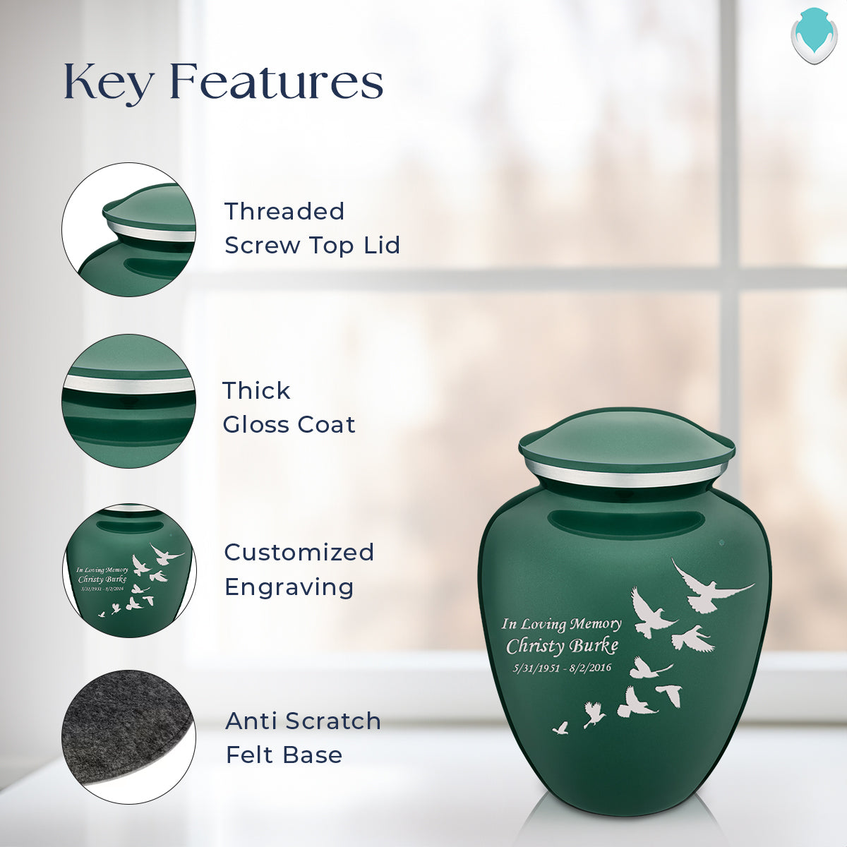 Medium Embrace Green Doves Cremation Urn