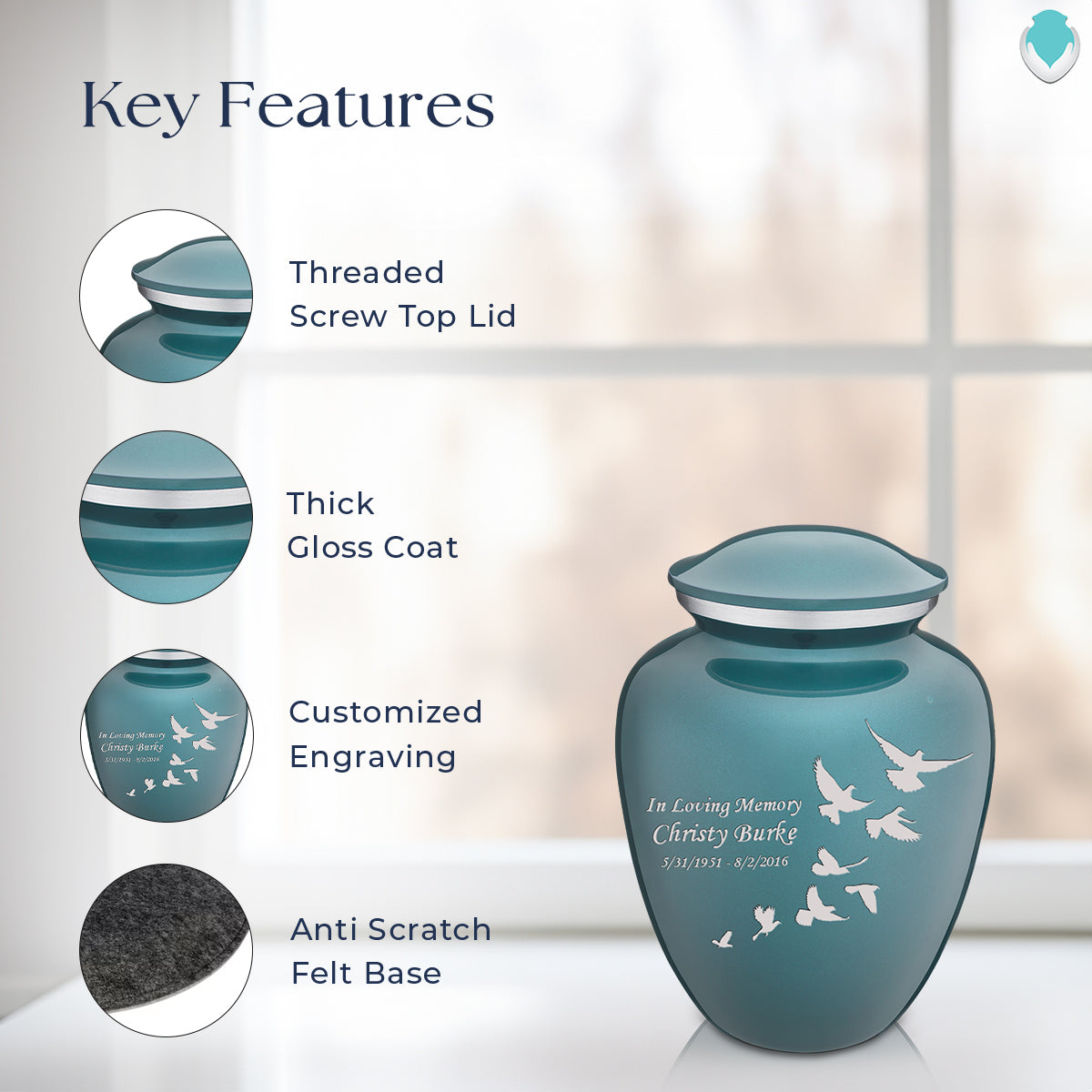 Medium Embrace Teal Doves Cremation Urn