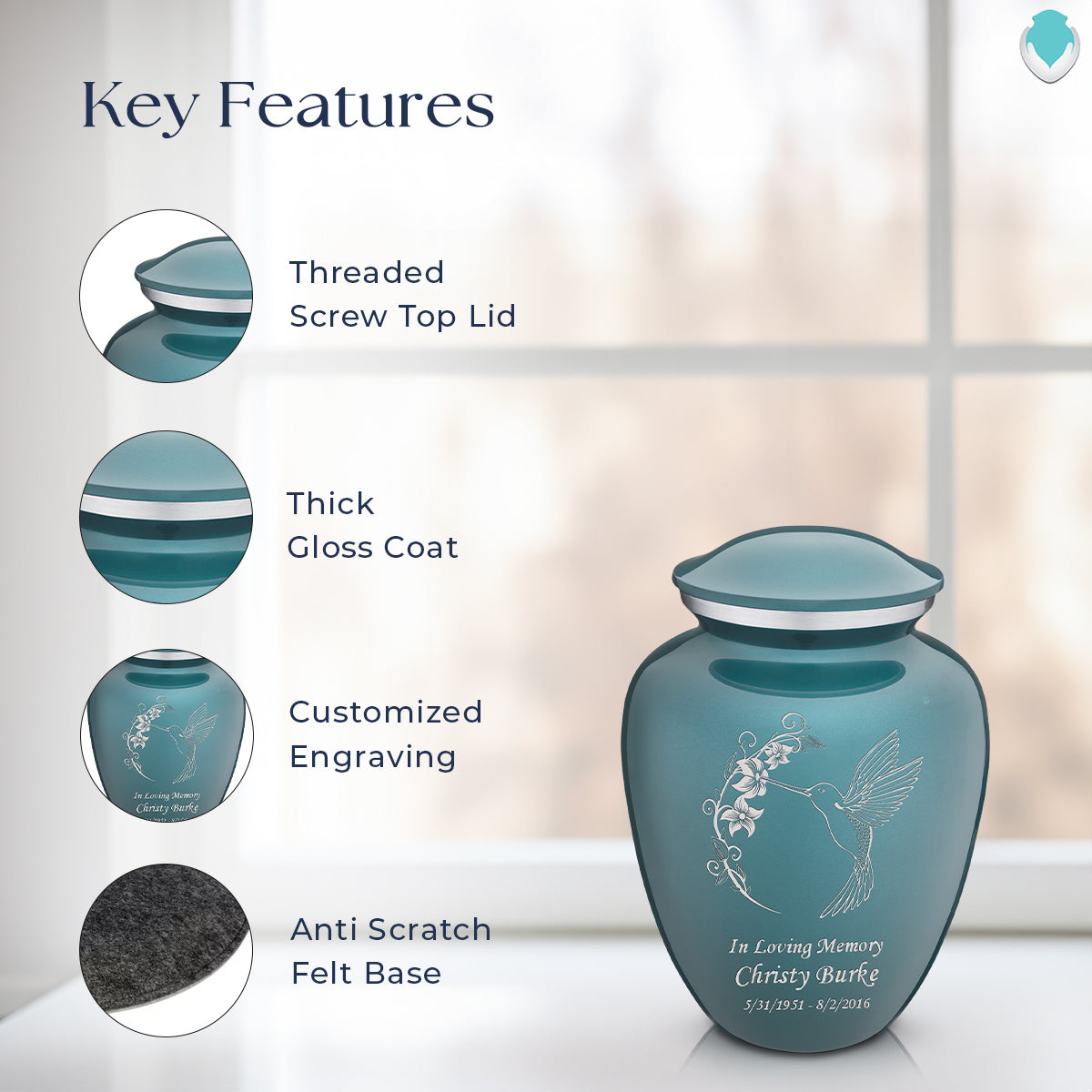 Medium Embrace Teal Hummingbird Cremation Urn