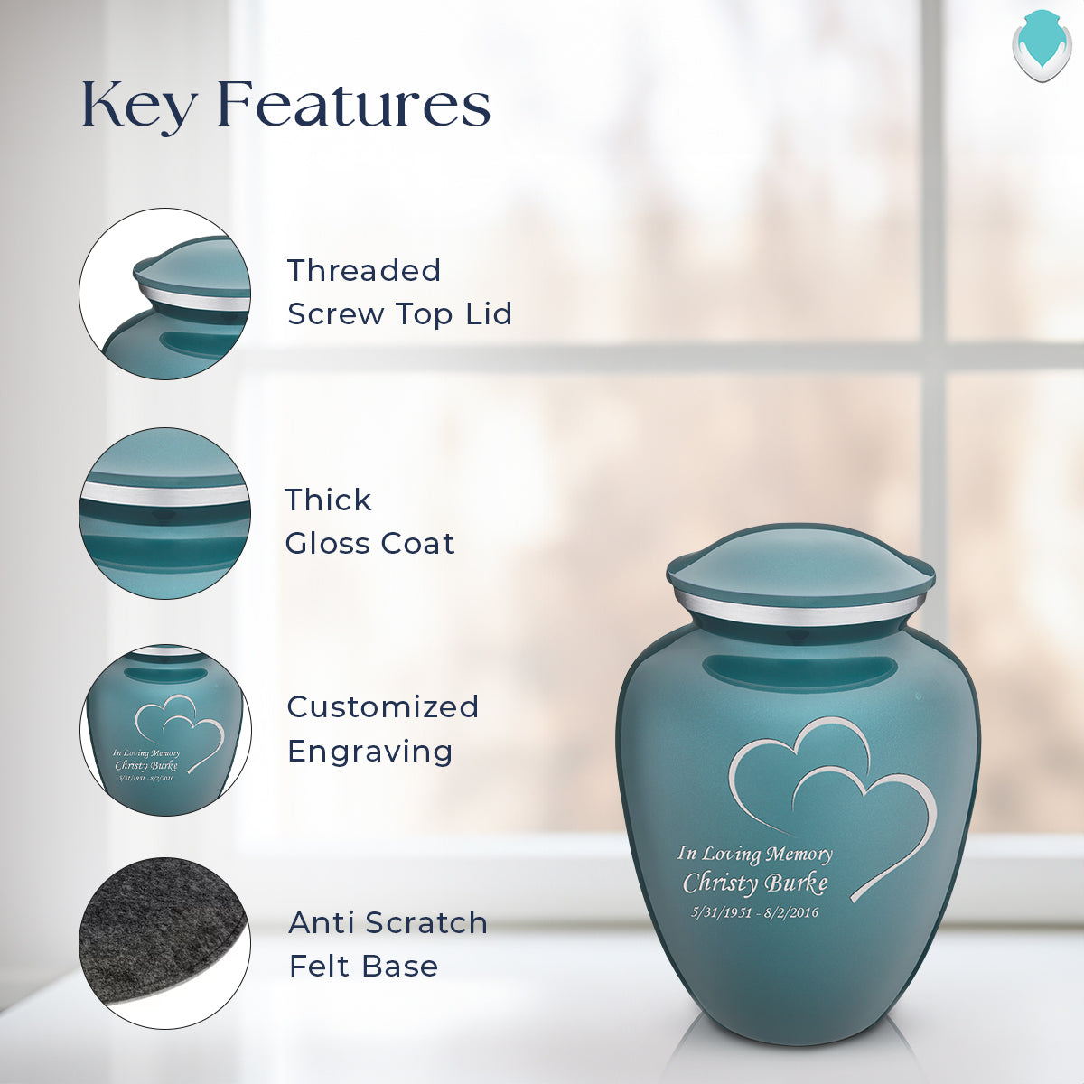 Medium Embrace Teal Hearts Cremation Urn