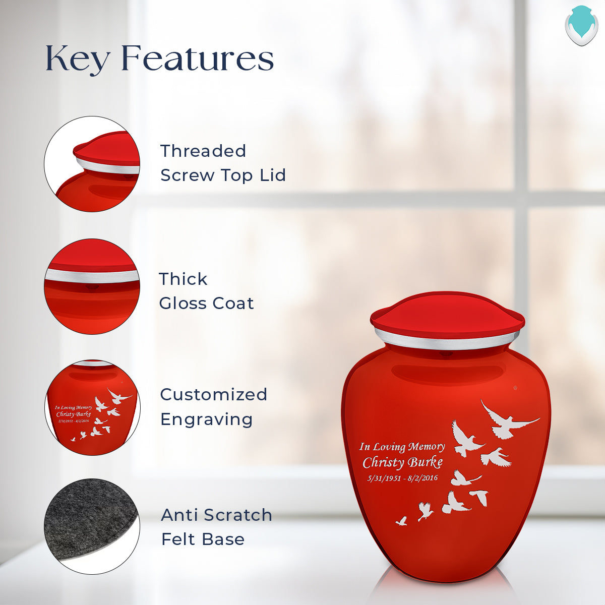 Medium Embrace Bright Red Doves Cremation Urn