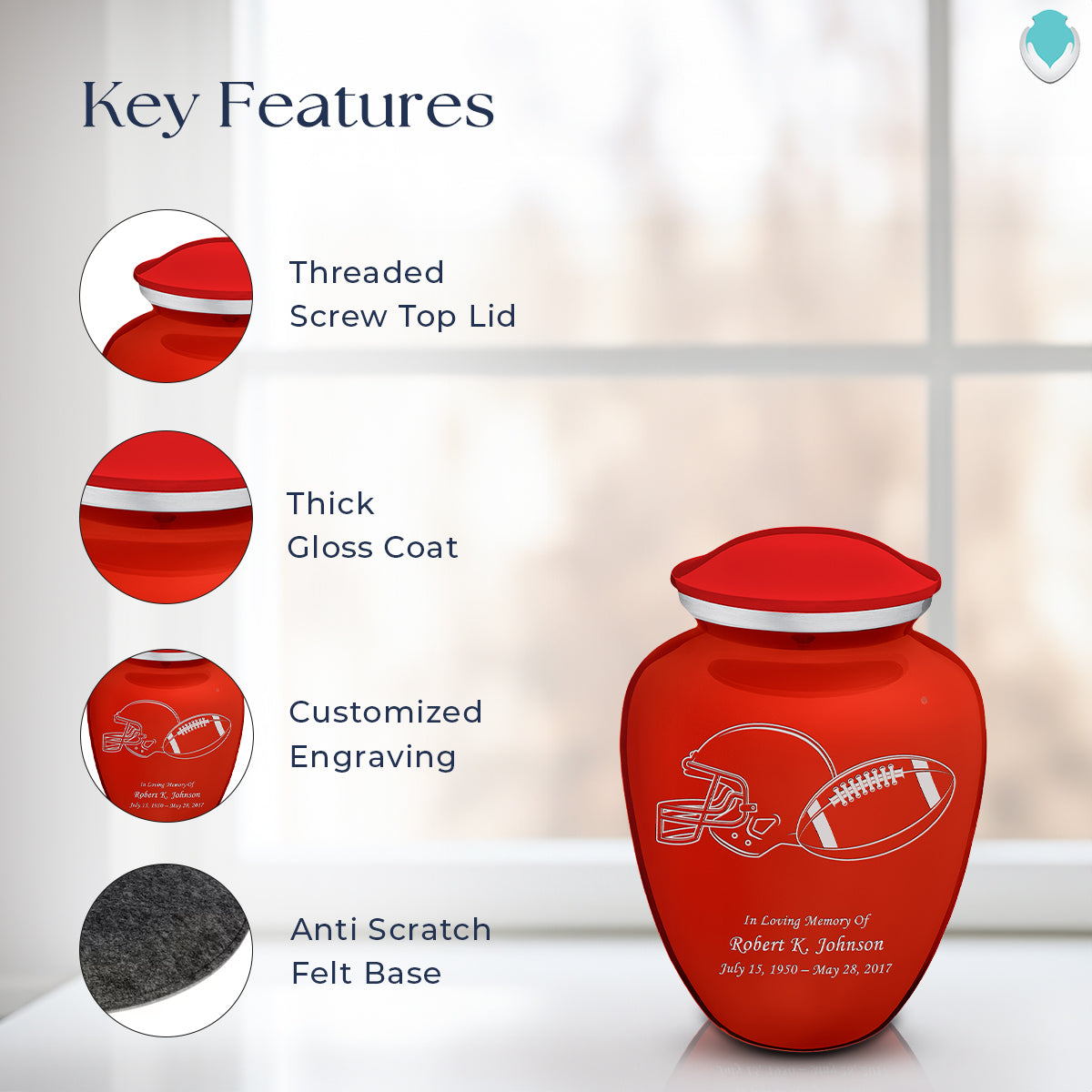 Medium Embrace Bright Red Football Cremation Urn