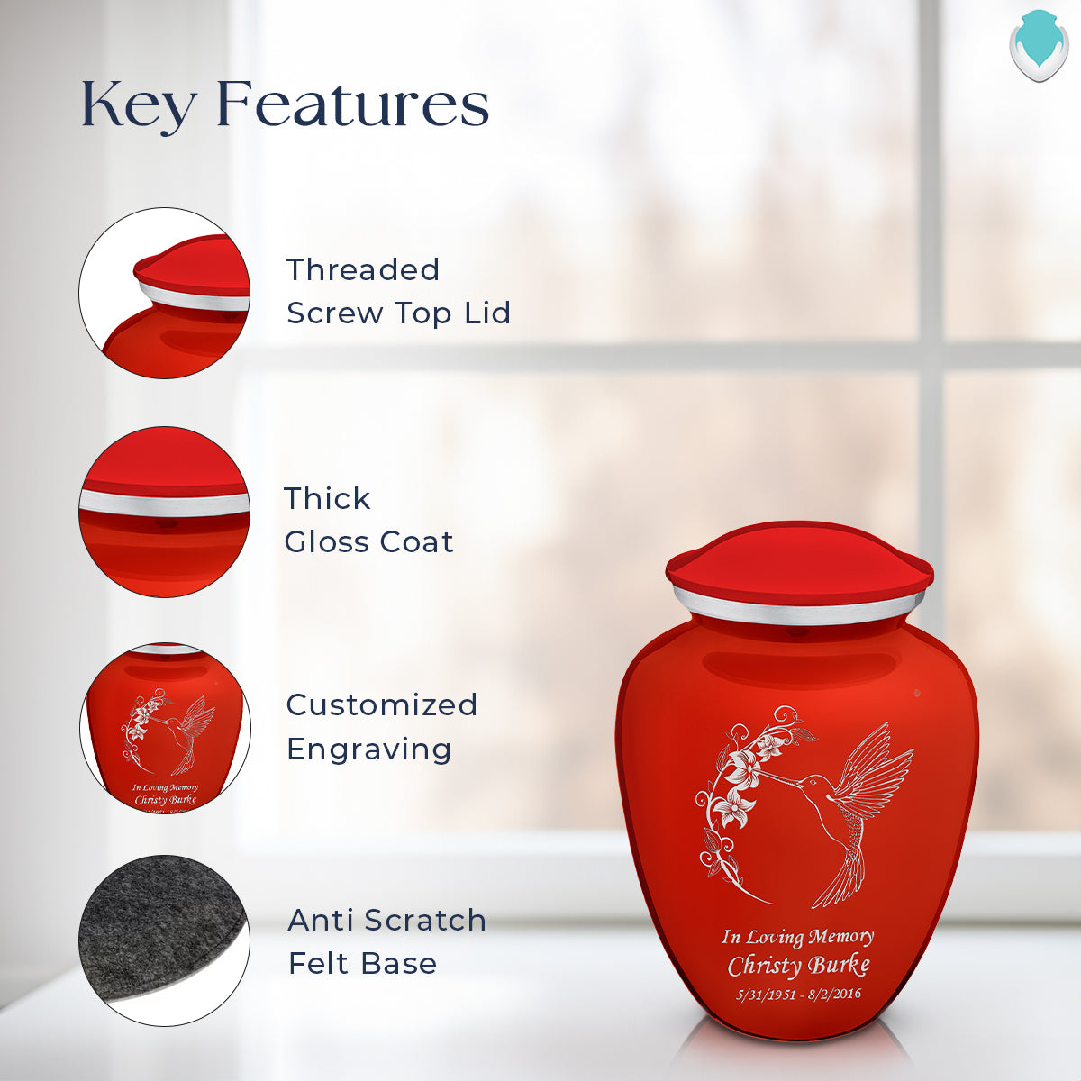 Medium Embrace Bright Red Hummingbird Cremation Urn