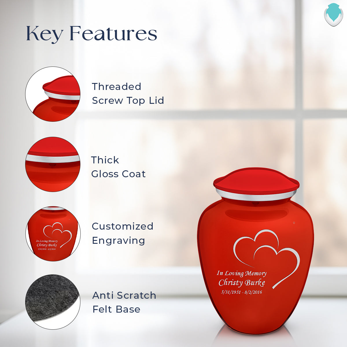 Medium Embrace Bright Red Hearts Cremation Urn