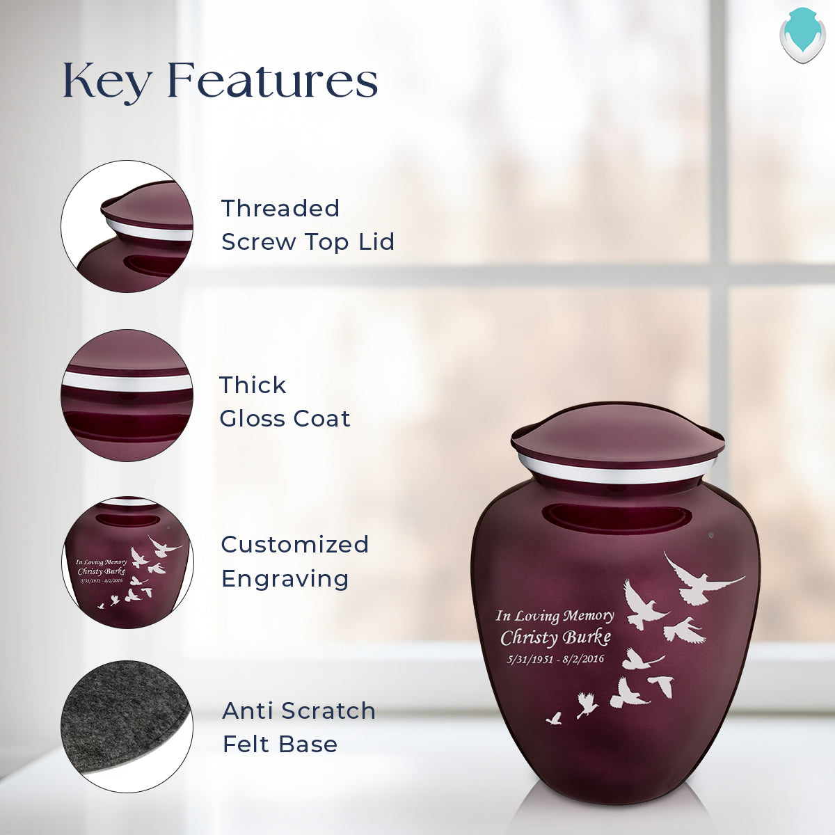 Medium Cherry Purple Embrace Doves Cremation Urn