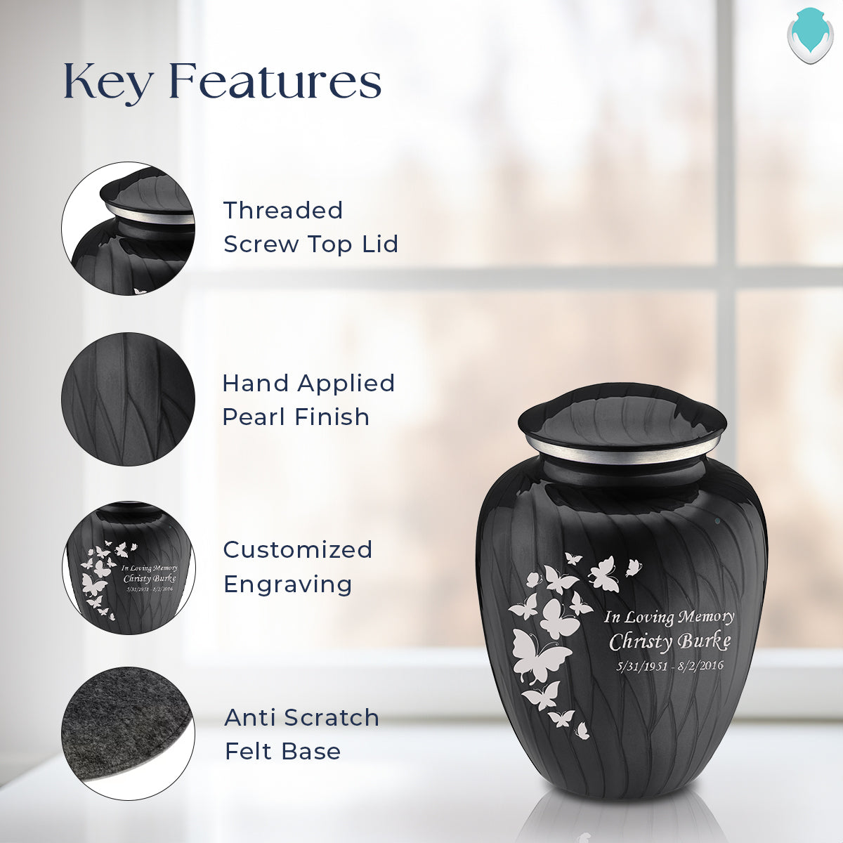 Medium Embrace Pearl Black Butterfly Cremation Urn
