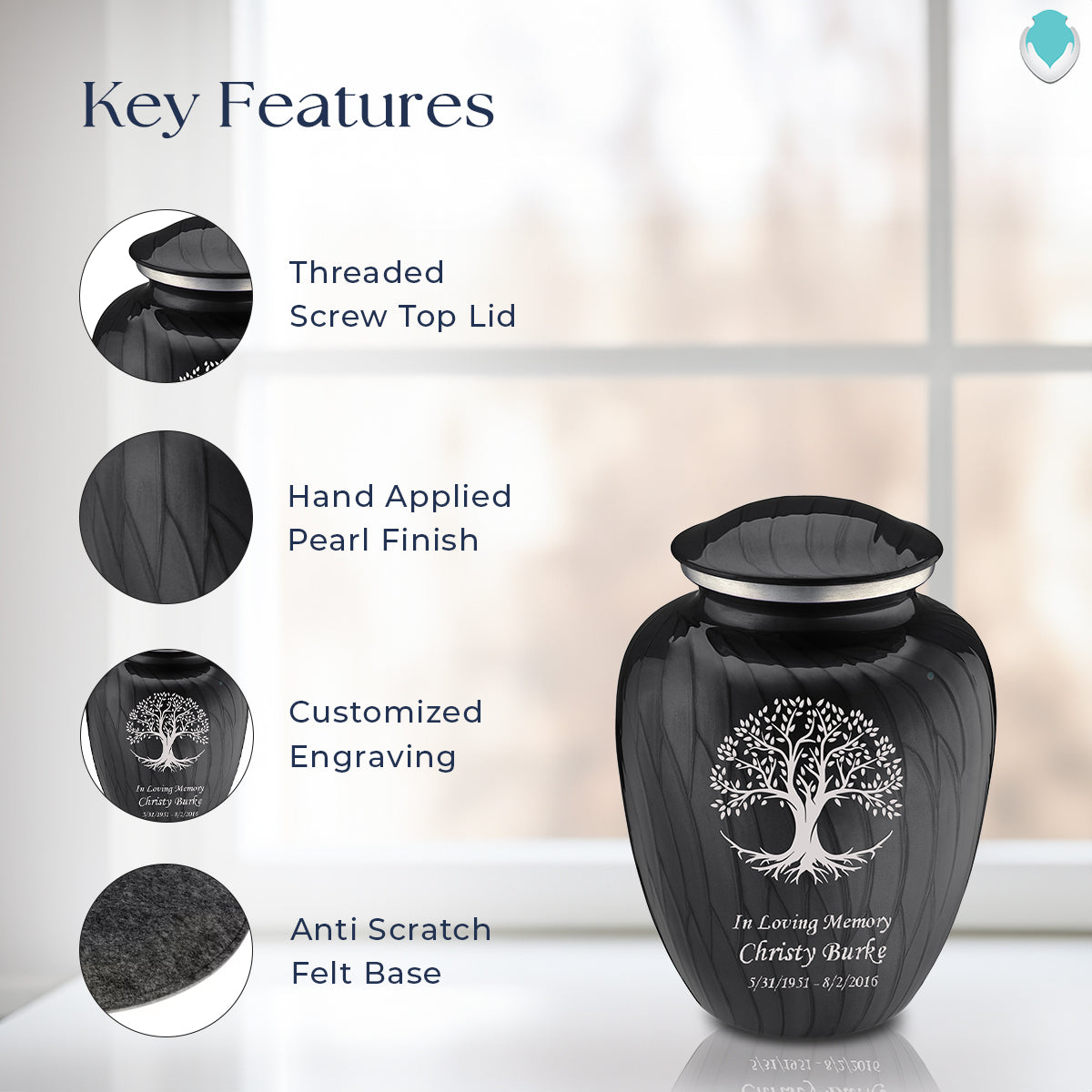 Medium Embrace Pearl Black Tree of Life Cremation Urn