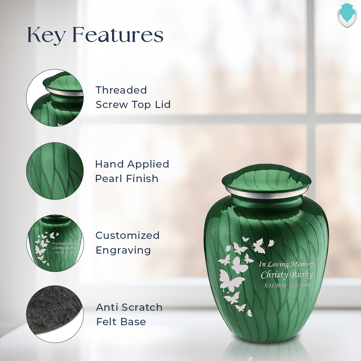 Medium Embrace Pearl Green Butterfly Cremation Urn