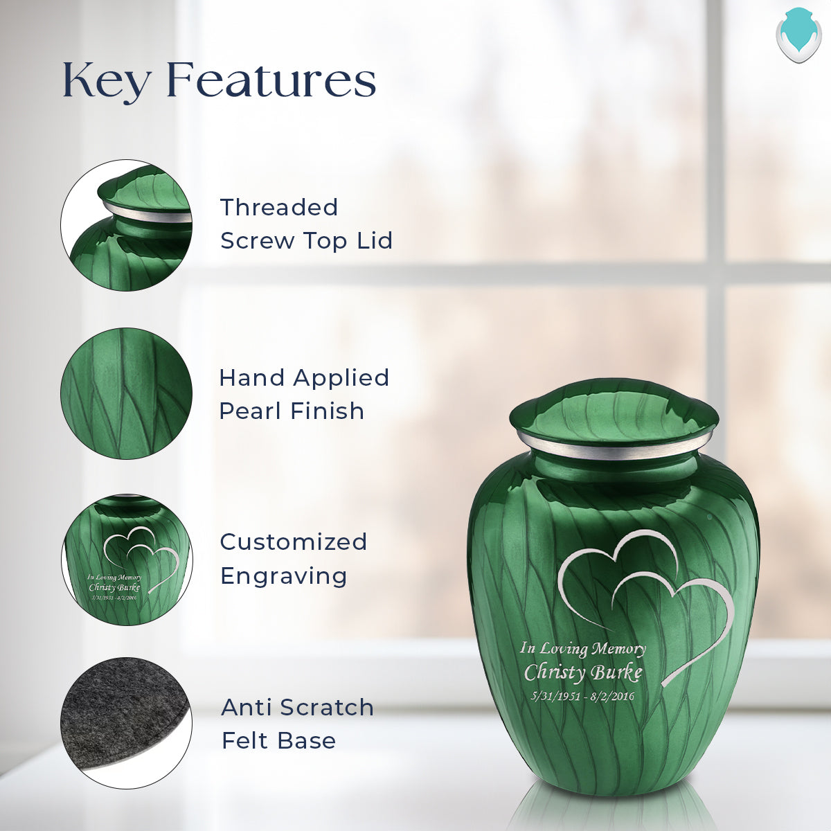 Medium Embrace Pearl Green Hearts Cremation Urn